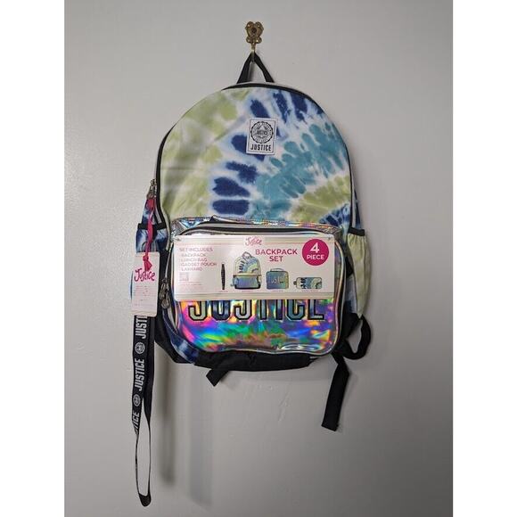 Justice NWT Backpack 4 Pc Set Blue Green Tie Dye Lunch Bag Gadget Pouch Lanyard - Picture 1 of 12
